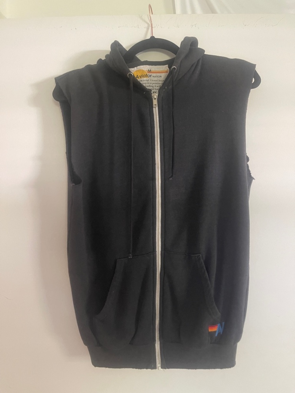 Aviator Nation Black Sleeveless Hoodie with Silver "ROCK AND ROLL" Print - Picture 3 of 5